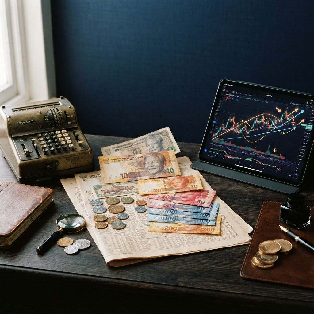 South African currency and financial tools illustrating the history of forex